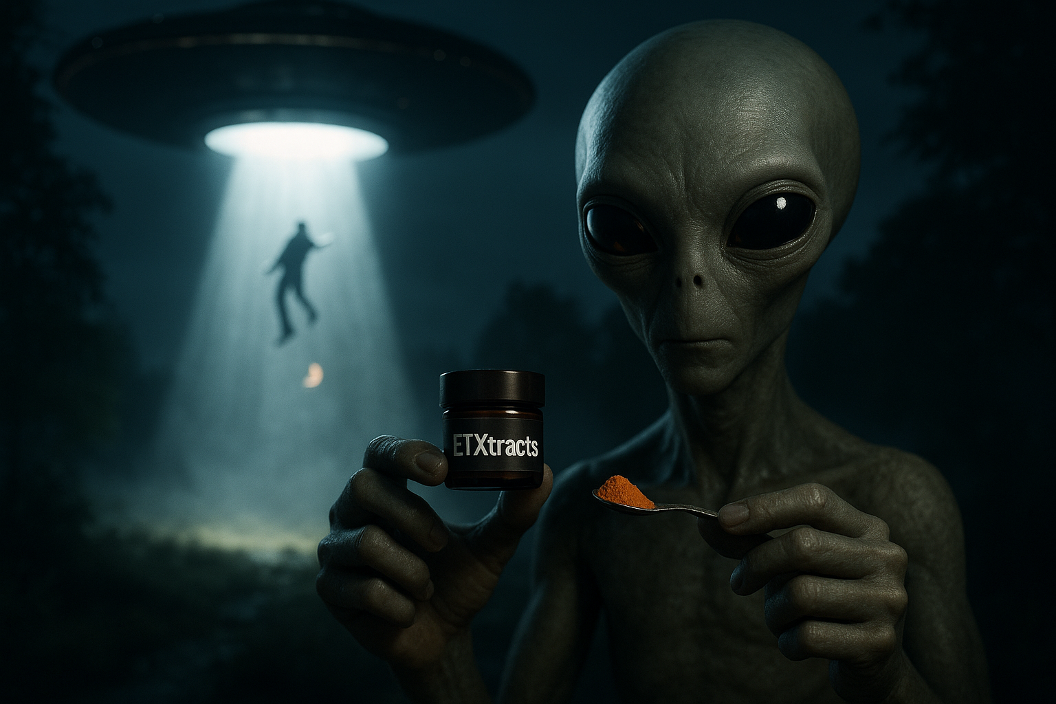 make the ufo oin the background beaming up someone with their shoe falling off